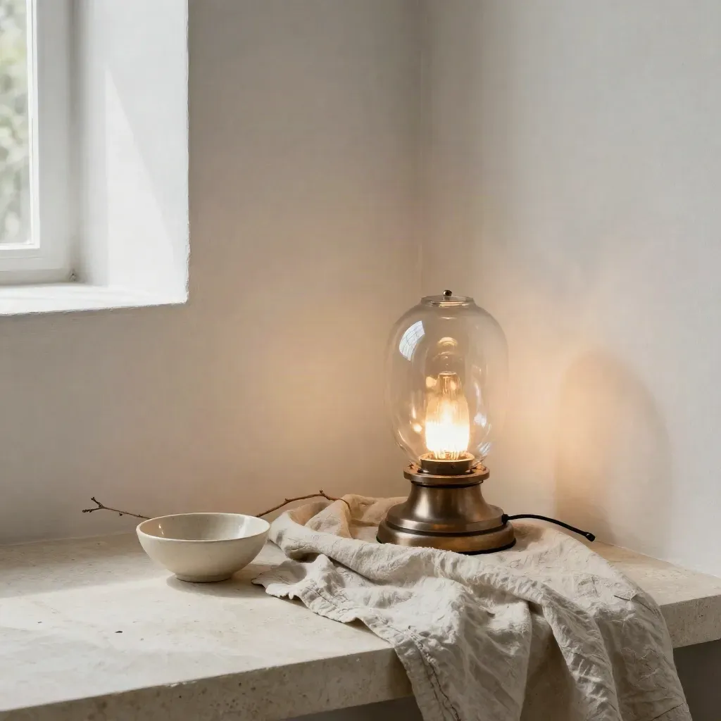 Lampada in vetro fumé, lino, ciotola ceramica e ramo secco su fondo chiaro.
