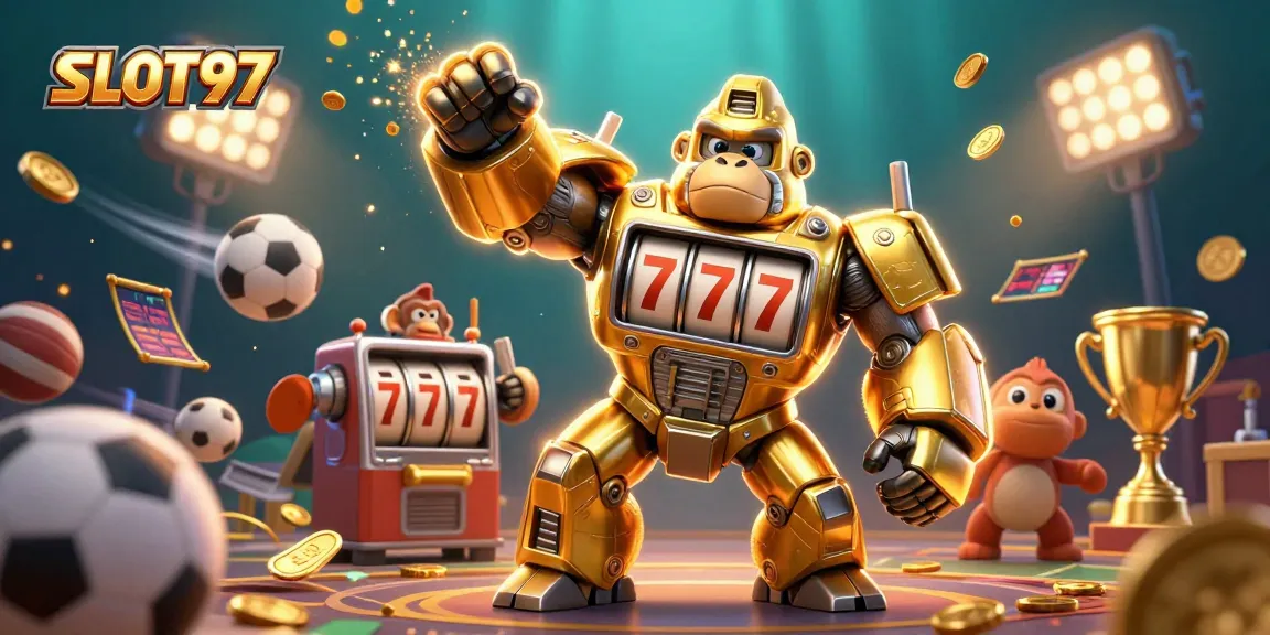 SLOT97 delivers thrilling slots action with a dynamic 3D mech gorilla and vibrant gaming elements.