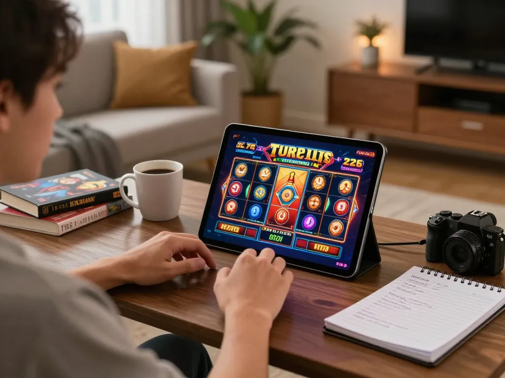 Player enjoying mk8 slot games on a tablet, showcasing engaging interface and cozy gaming atmosphere.