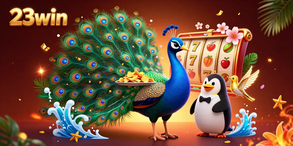 Play thrilling slot games at 23win with vibrant peacock and animated gambling elements in 3D.