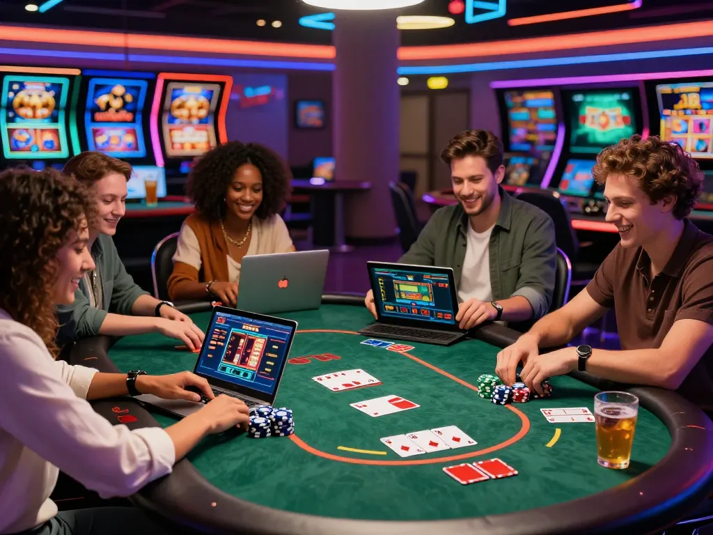 Friends enjoying an online gambling session on sunwin20 platform, vibrant virtual casino with poker table.