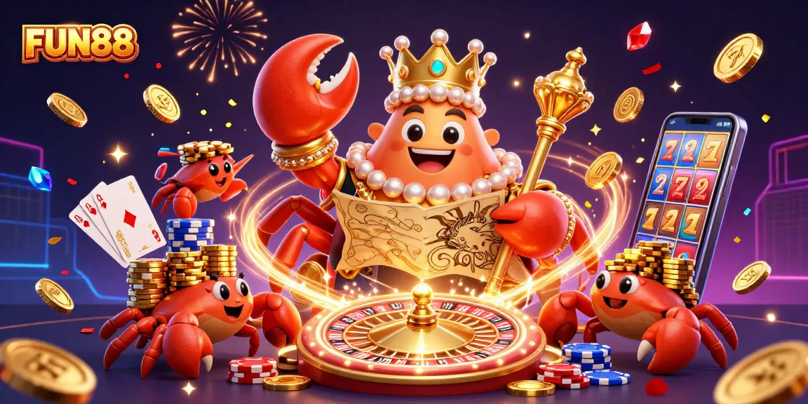 Experience thrilling FUN88 casino excitement with a golden crab emperor and vibrant gaming elements.