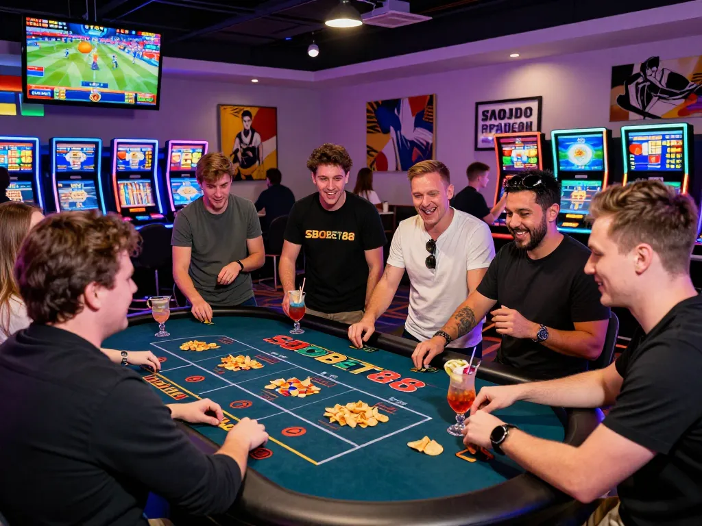 Exciting gaming moment at a vibrant SBOBET88 casino table with friends