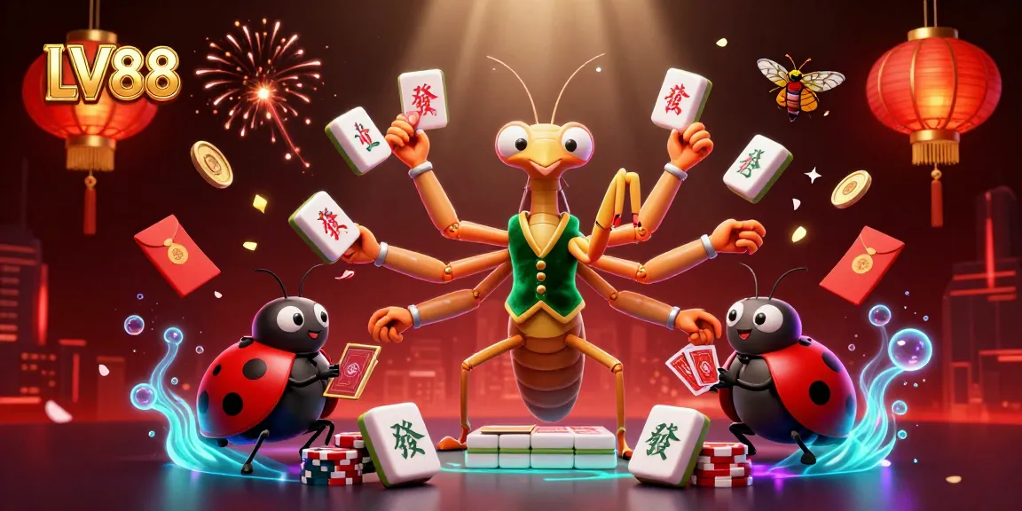 Engage with LV88's vibrant casino atmosphere, featuring a giant praying mantis card sharp and captivating game elements.