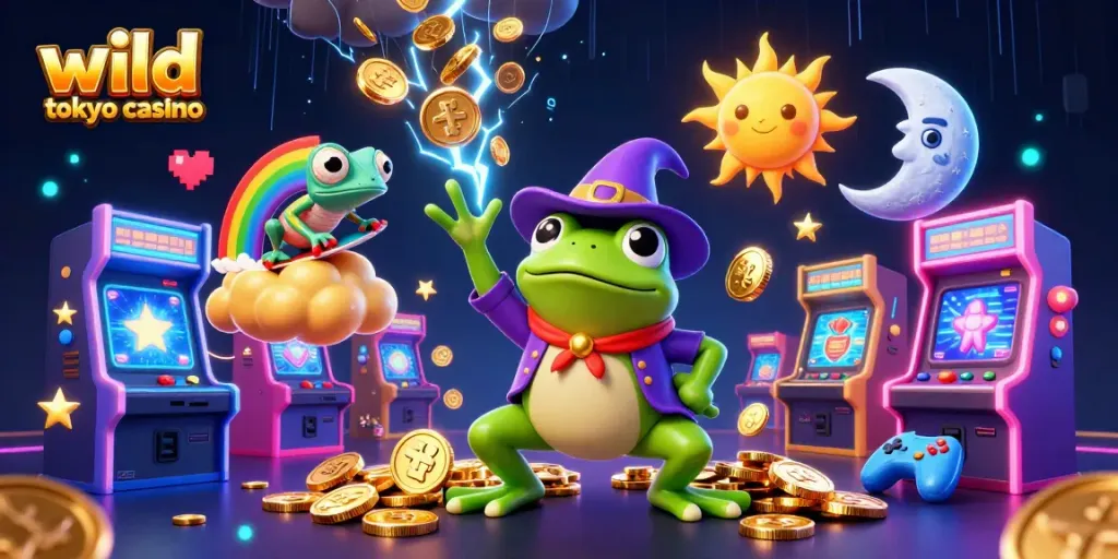Create an exciting gaming adventure at wild tokyo casino with vibrant characters, gold coins, and classic arcade elements.