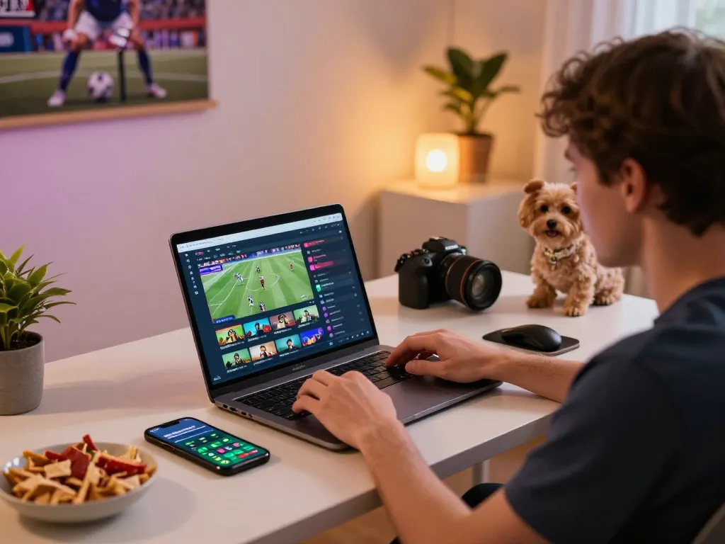 Engaging sports betting session at home using laptop with bsport app, creating a comfortable gambling atmosphere