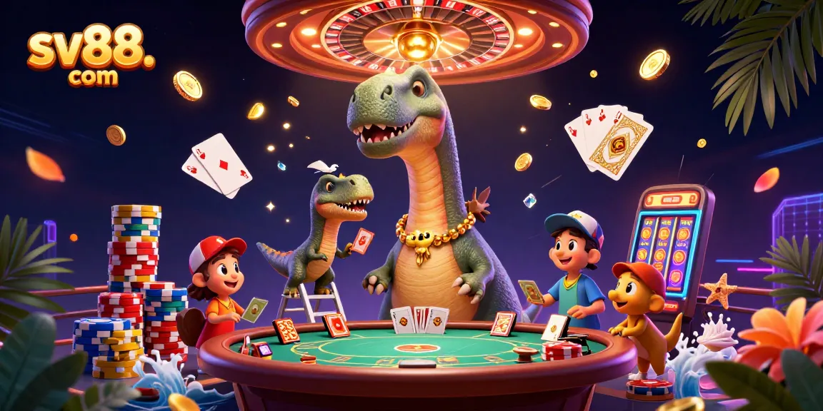 Experience thrilling gameplay with sv88. com featuring a cartoon brontosaurus in a lively casino.