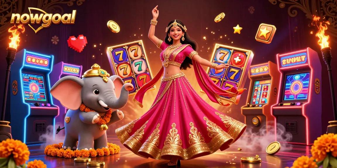 Engage with nowgoal's vibrant 3D casino scene featuring a Bollywood dancer, bejeweled elephant, and dazzling slot machines.