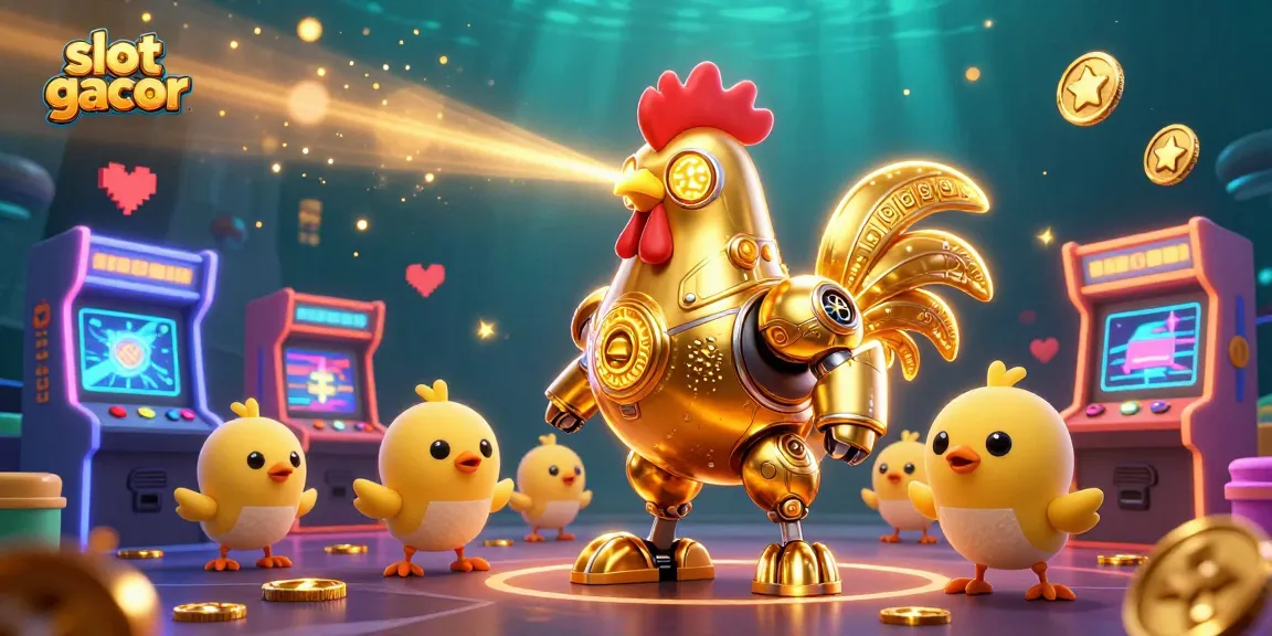 Experience excitement with slot gacor games featuring a golden rooster robot and baby chick drones in a vibrant casino scene.