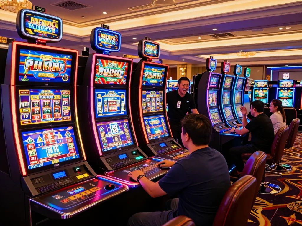 Players engaging with vibrant slot machines at a casino, exploring gaming options at https://lc88se.com/.