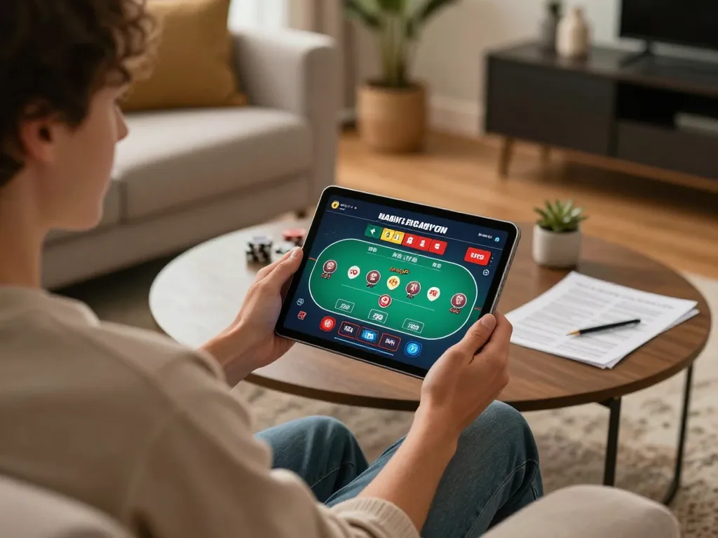 Engaging in online casino gameplay on trang chủ lc88, showcasing tablet interface in a cozy home setup.