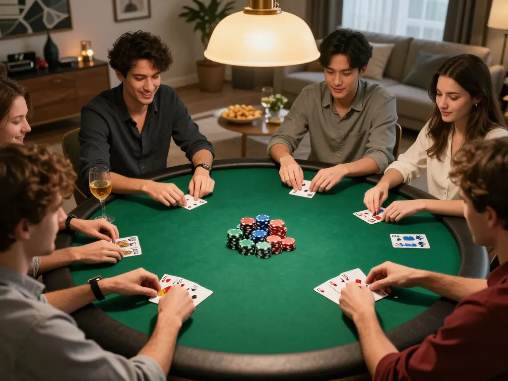 Engaged friends playing poker at home, illustrating sunwingo gaming strategy and social fun.