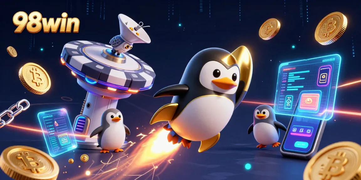 Experience thrilling gaming at 98win with vibrant visuals of a penguin in space and crypto elements.