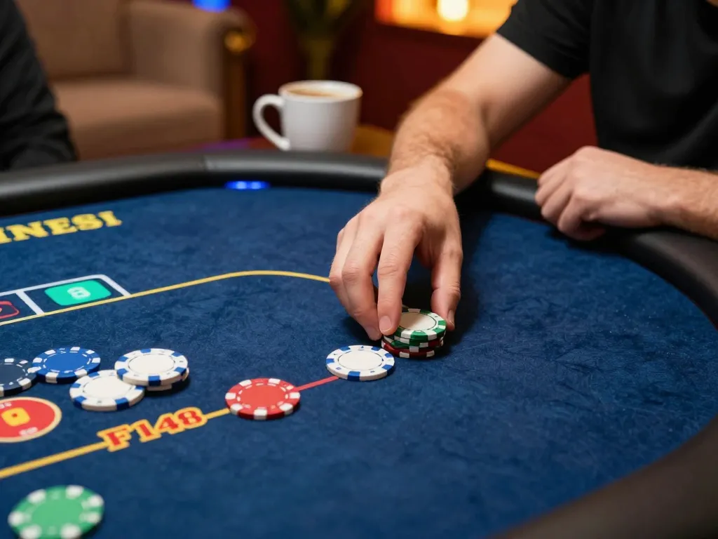 Player strategizing and placing chips on F168 online poker table during a home gaming session
