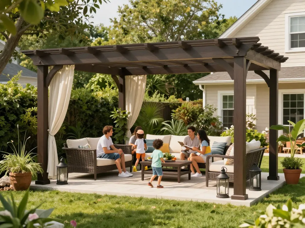 Custom configuratore 3D pergola in a sunny backyard with family enjoying outdoor living.