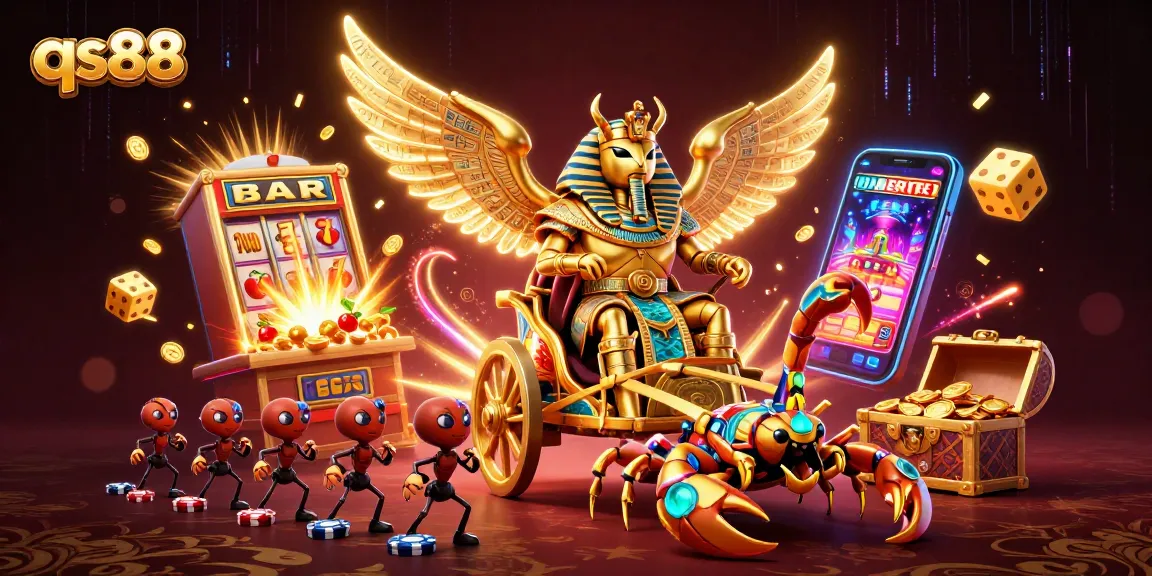 qs88 reveals an epic 3D scene with a golden scarab and slot machine jackpot explosion