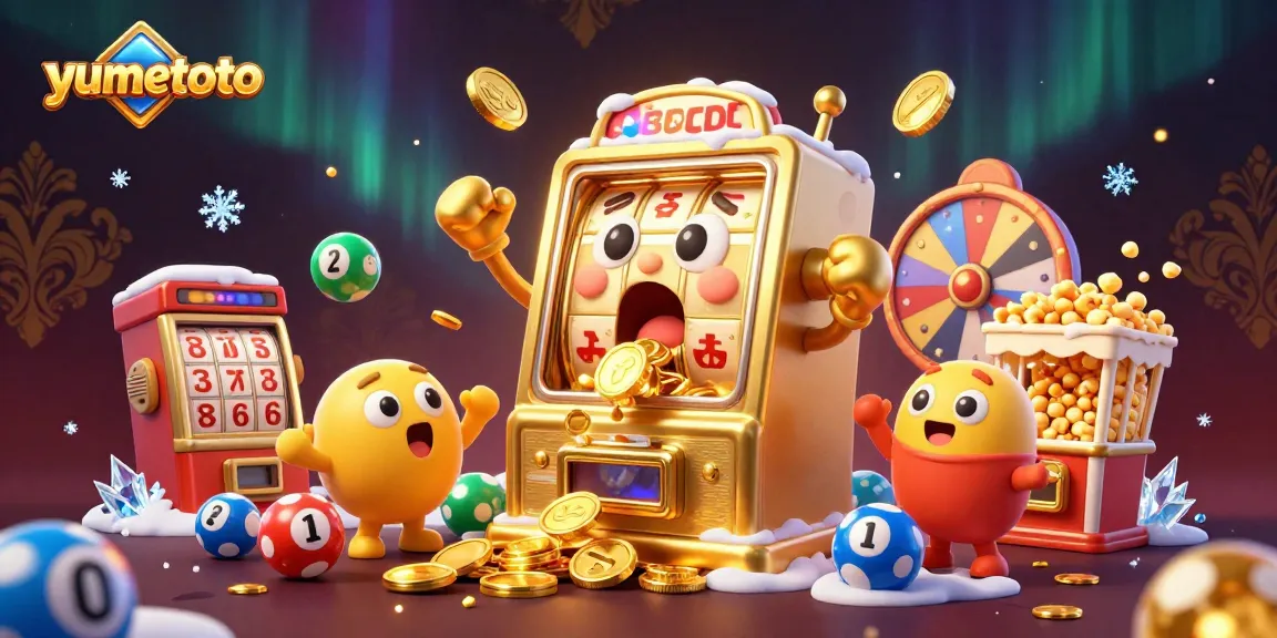 Watch yumetoto's golden slot machine celebrate as it hits the jackpot, surrounded by lottery elements and joyous companions.