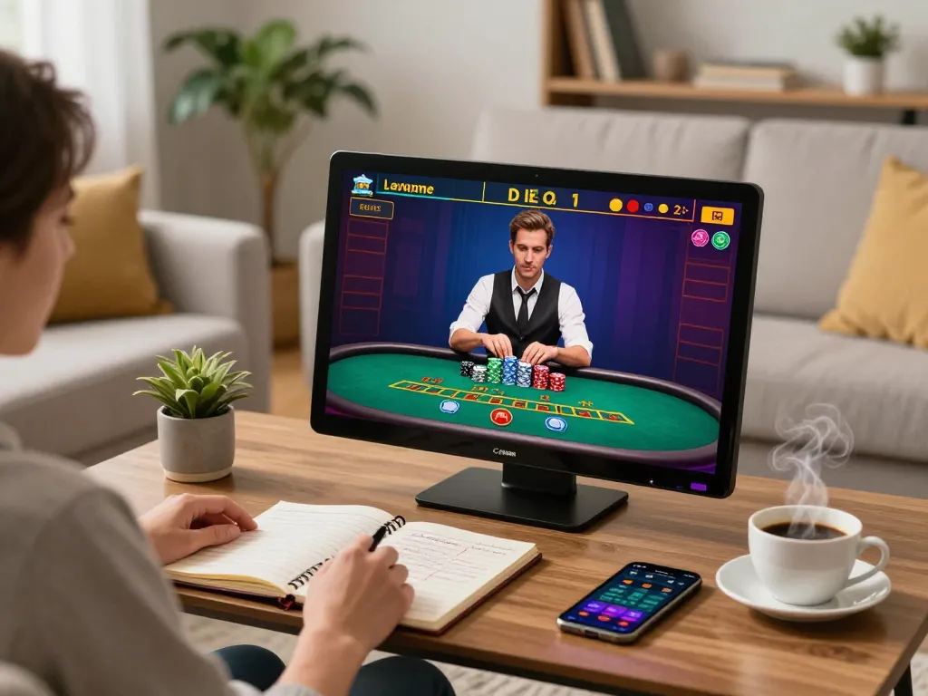 Engaging in a mobile game session on Lode88, showcasing a live dealer blackjack table in a cozy living room.