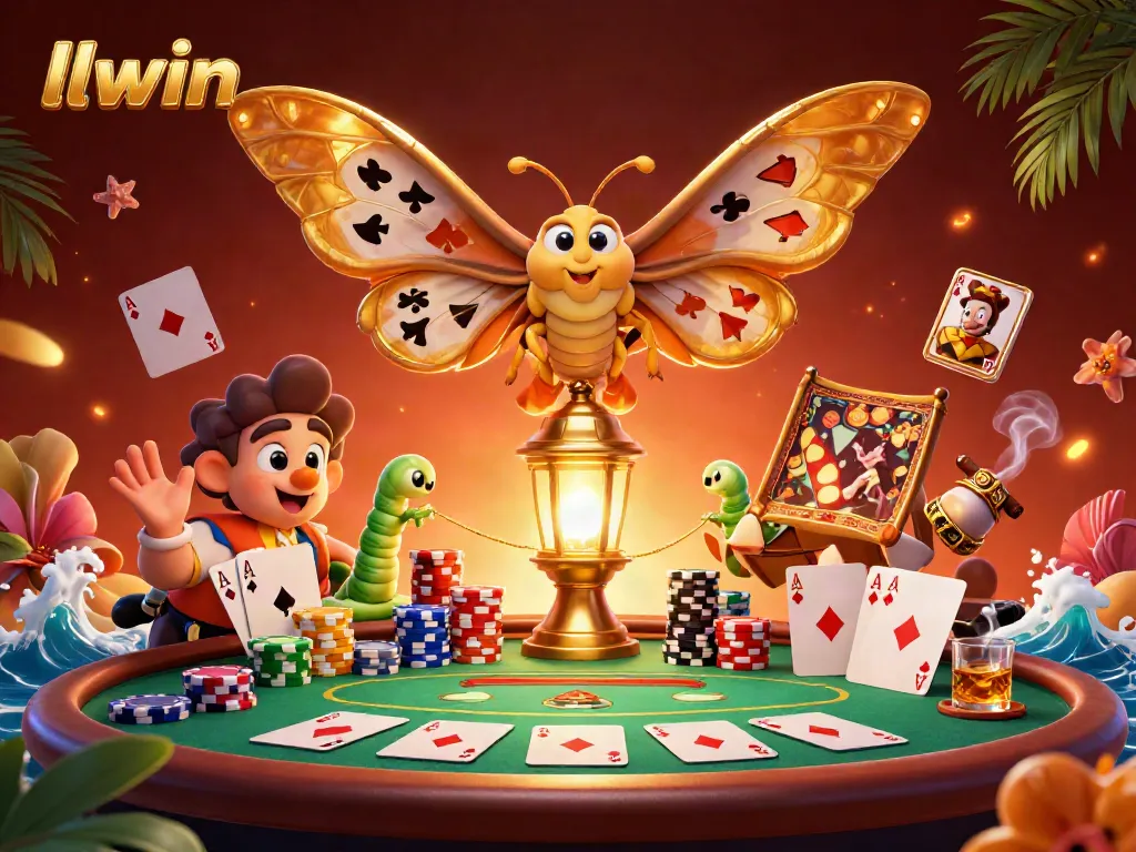 Win big at llwin with a vibrant casino scene featuring poker tables and golden moths.