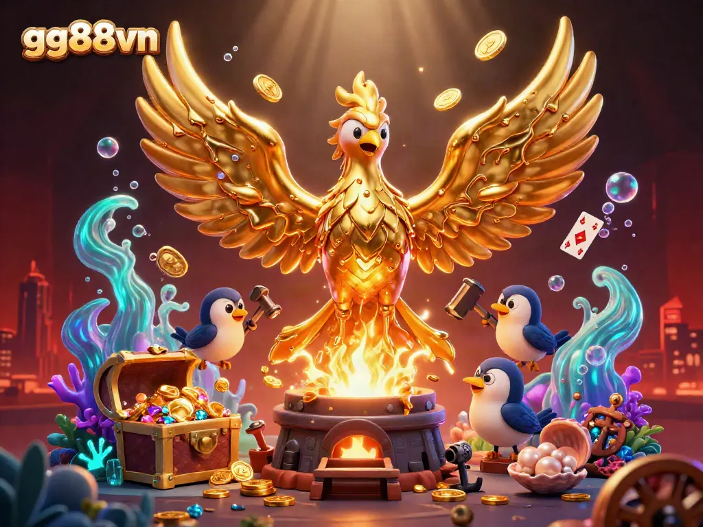 Experience the thrill of gaming with gg88vn's vibrant casino scene featuring a molten gold phoenix and treasure.