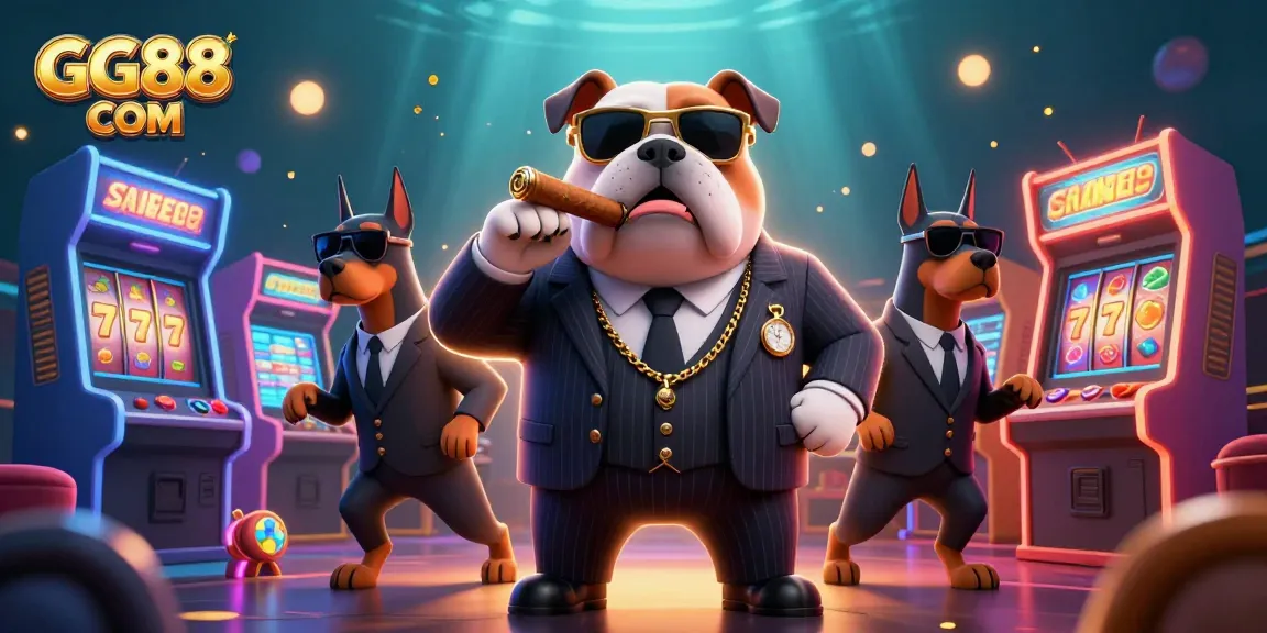 Play dynamic slots and games at GG88 COM with a colorful retro casino illustration of a mafia bulldog and bodyguards.