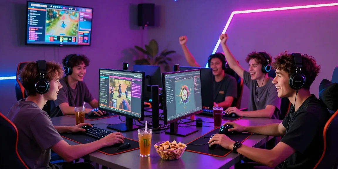 Exciting gaming lounge scene with friends playing rokok88 super online multiplayer game.