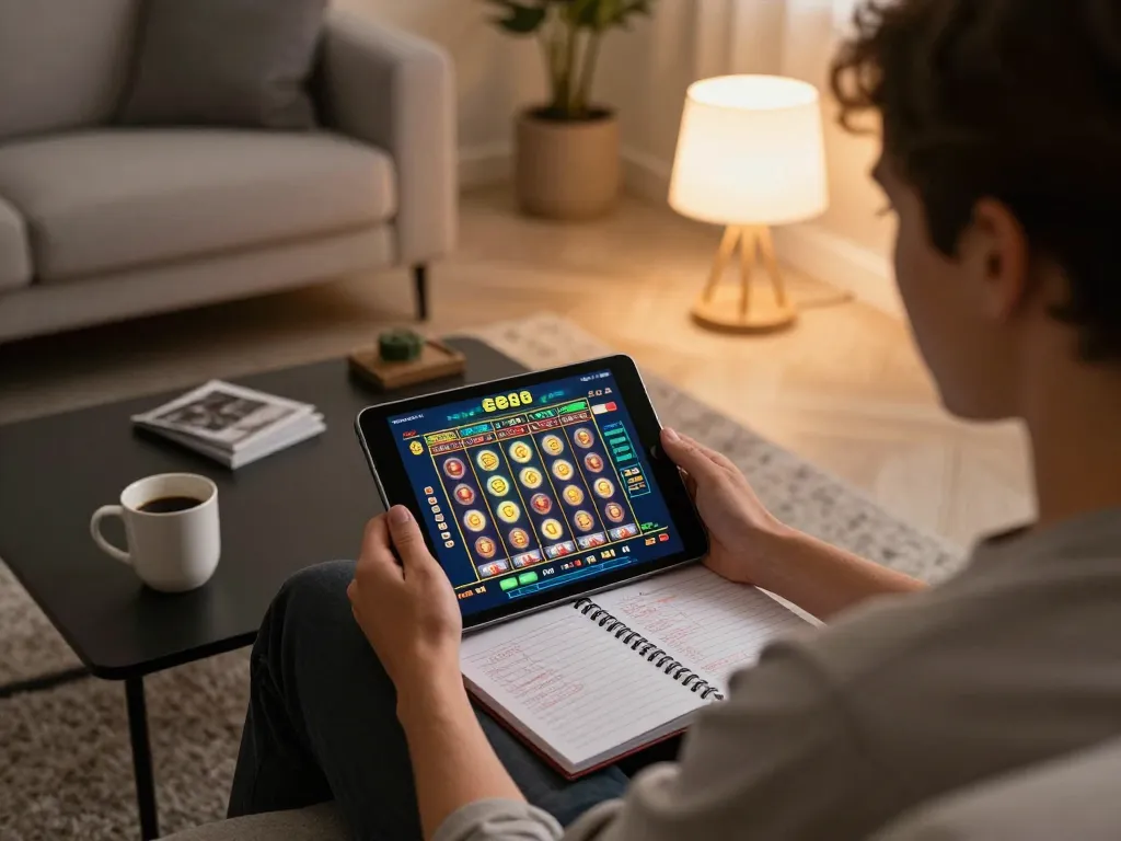 Player engaging with ee88 online casino on tablet in a cozy home setting