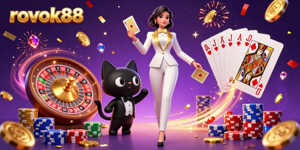 Engage with rokok88's dynamic gaming environment, showcasing a glamorous dealer and a playful cat amid vibrant casino excitement.