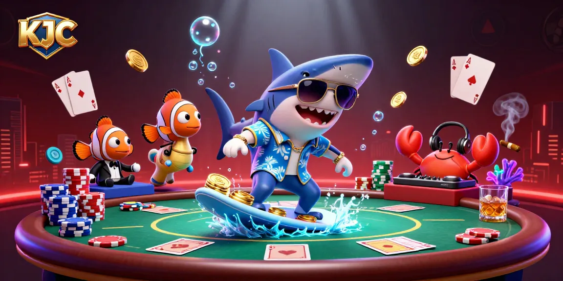 KJC's immersive poker experience depicted with a shark, clownfish, and crab in a rich animated scene.