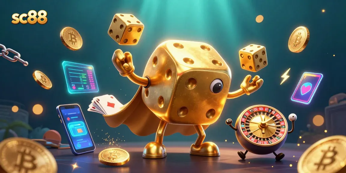 Engage with sc88's vibrant casino world, featuring a dynamic golden dice golem and crypto elements.
