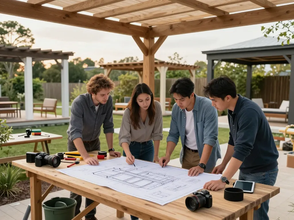 Team che collabora a un progetto di gestione dei contenuti delle pergole (CMS) all'aperto, analizzando progetti e design digitali in un ambiente naturale.