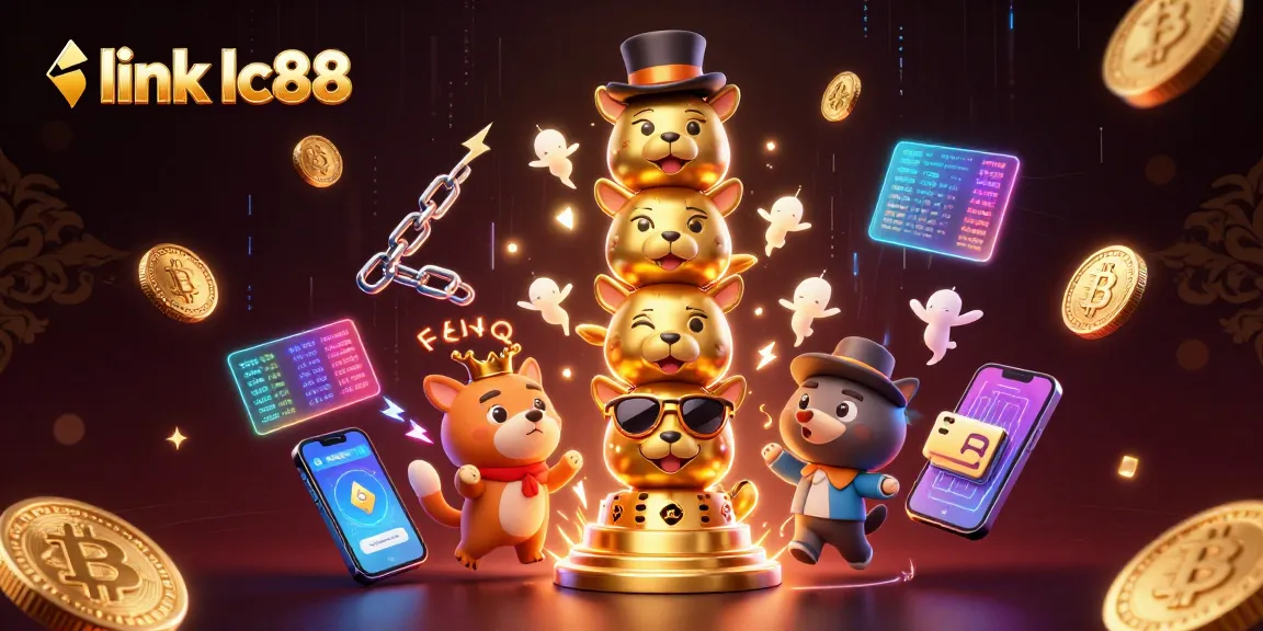 Experience thrilling gameplay at link lc88 with an artistic 3D illustration of a casino totem pole and crypto elements.