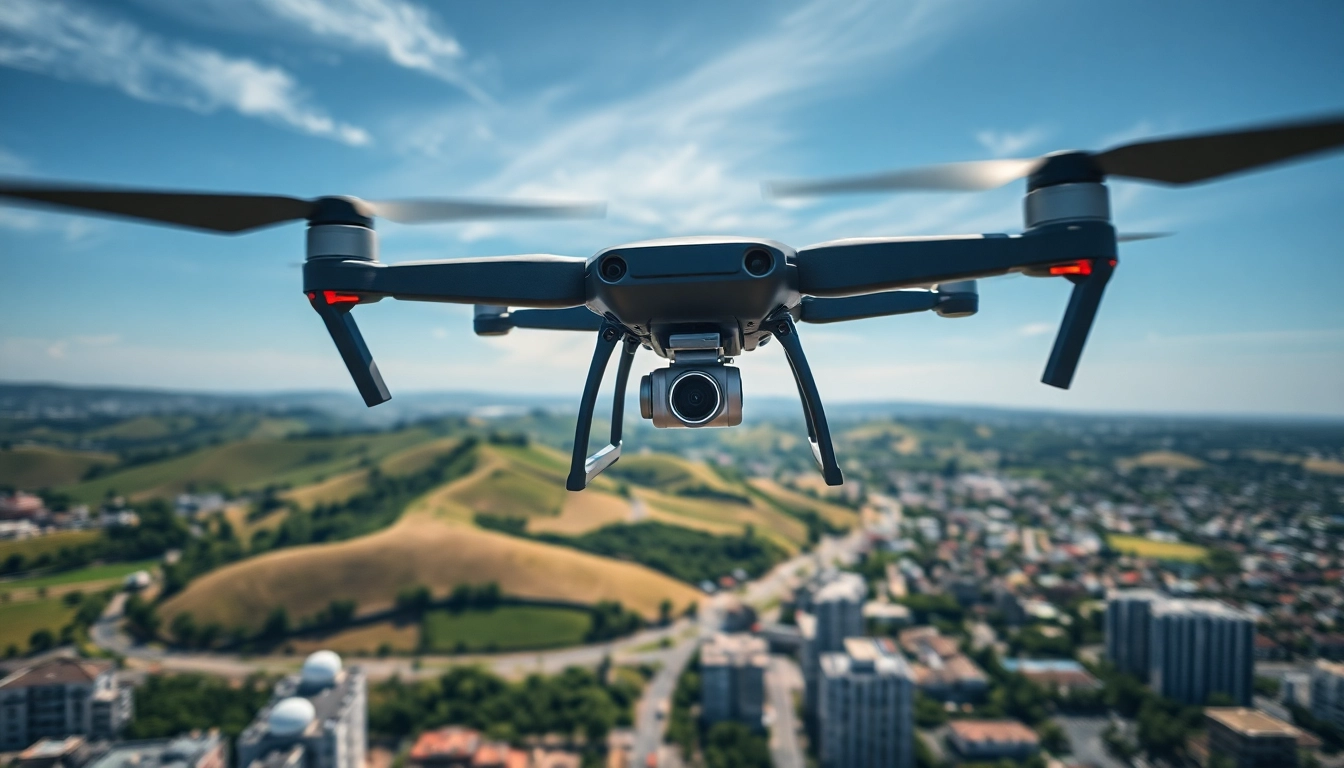 Drone professionale in azione cattura immagini aeree di paesaggi.