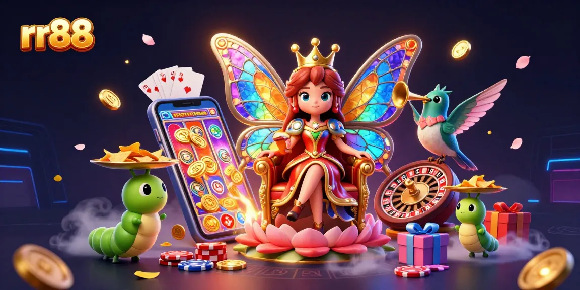Win big with rr88 in this ultra-detailed casino scene featuring vibrant characters and exciting game elements.