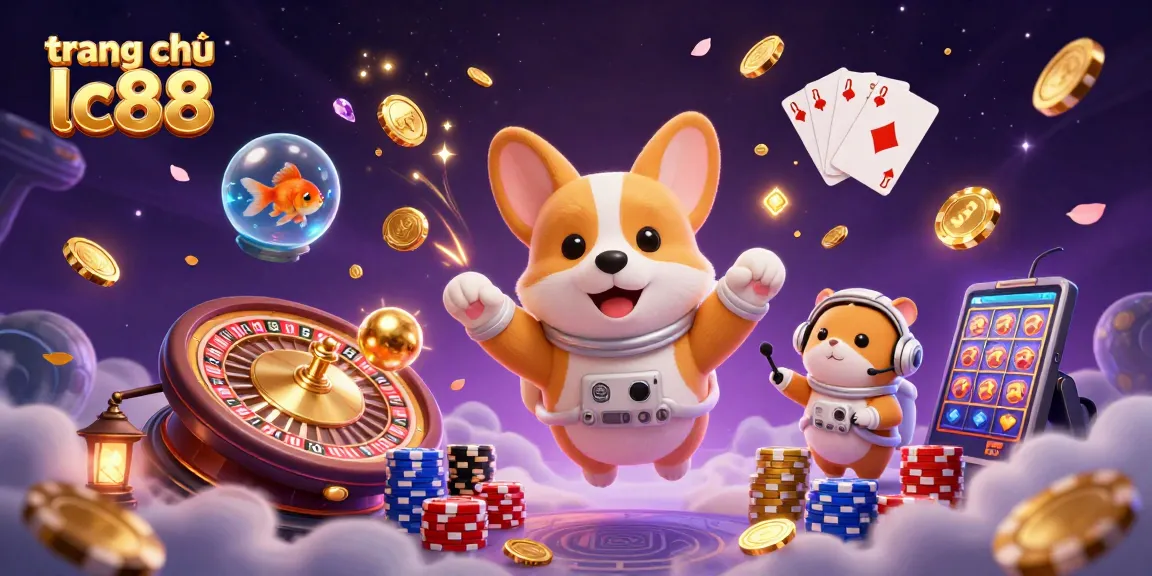 Engage in gaming action at trang chủ lc88 with dynamic casino visuals, featuring an astronaut corgi amid poker chips.