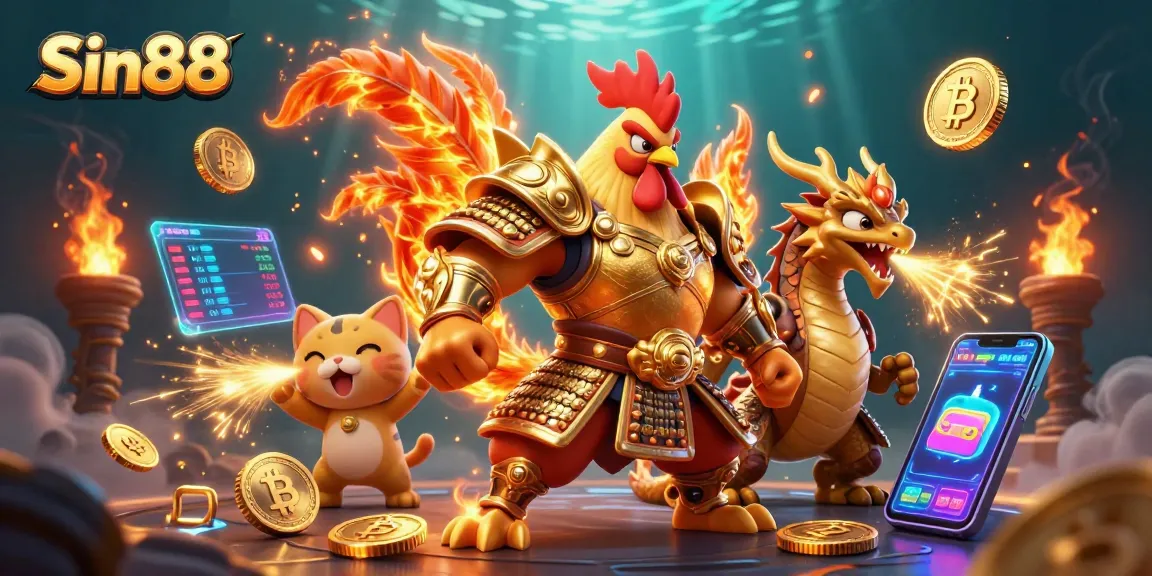 Engage in thrilling gambling with Sin88's dynamic 3D digital casino illustration featuring vibrant characters and crypto elements.