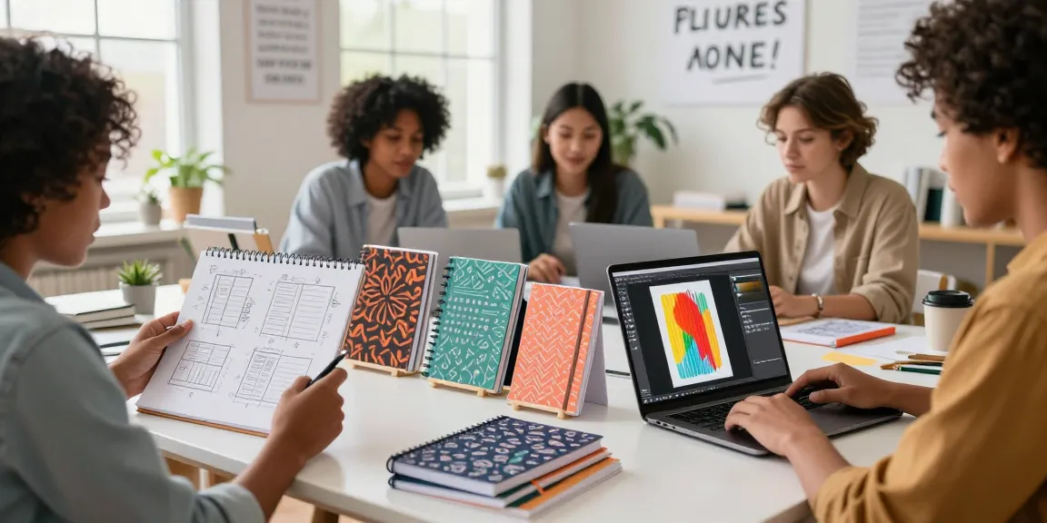 Creative team designing custom printed notebooks in a bright workspace.