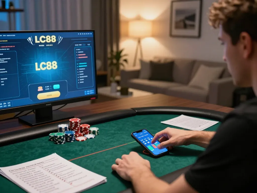 Player engaging with the LC88 app during an online poker session, strategizing with chips and notes.