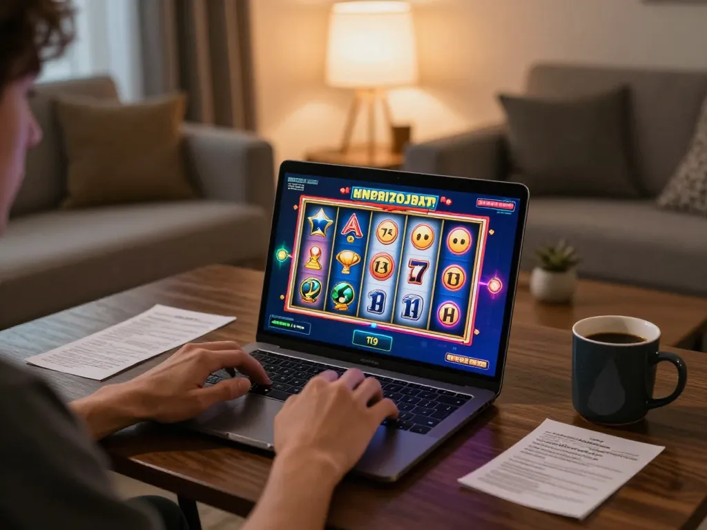 Play fun79 online slots with exciting reel spins in a cozy gaming setup, promoting responsible gambling.
