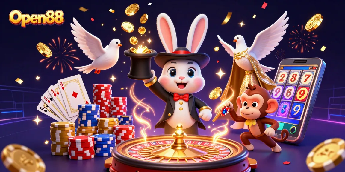 Watch Open88's magical rabbit pulling coins and poker chips in a vibrant casino scene.
