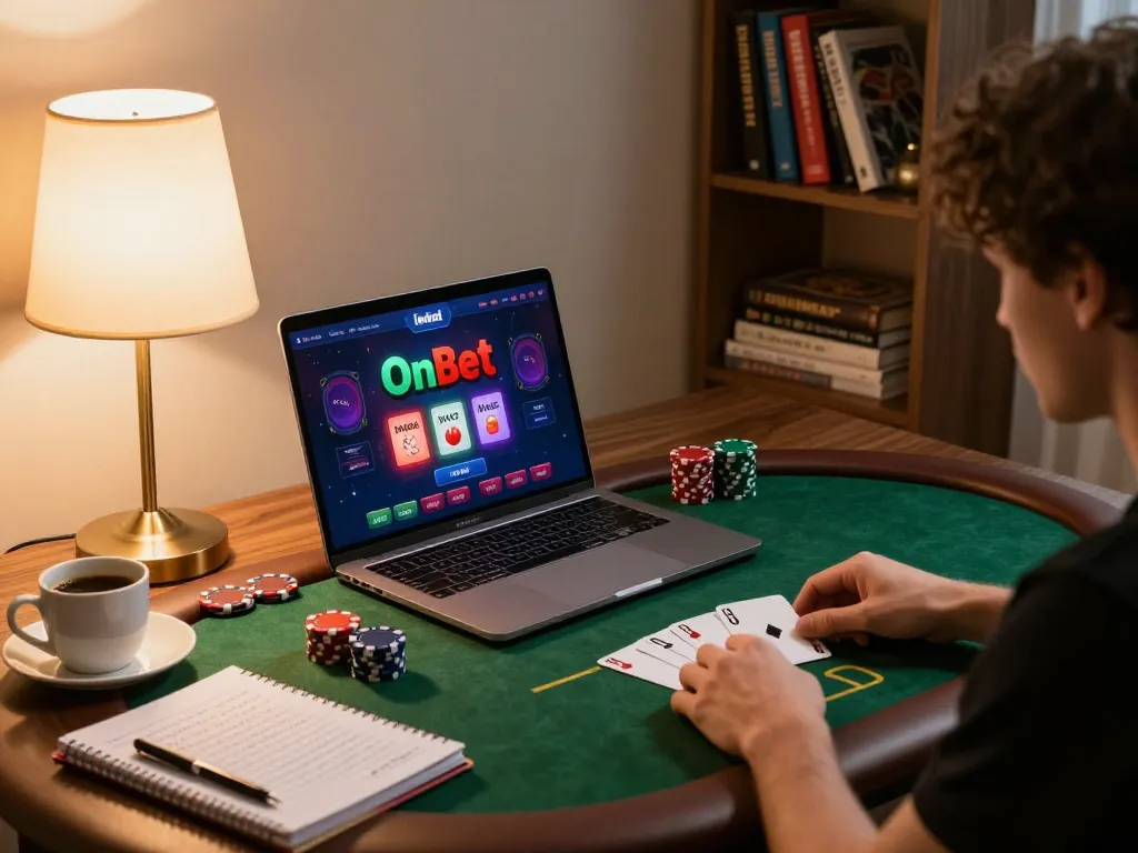Person enjoying online poker on OnBet platform in a cozy home setting.