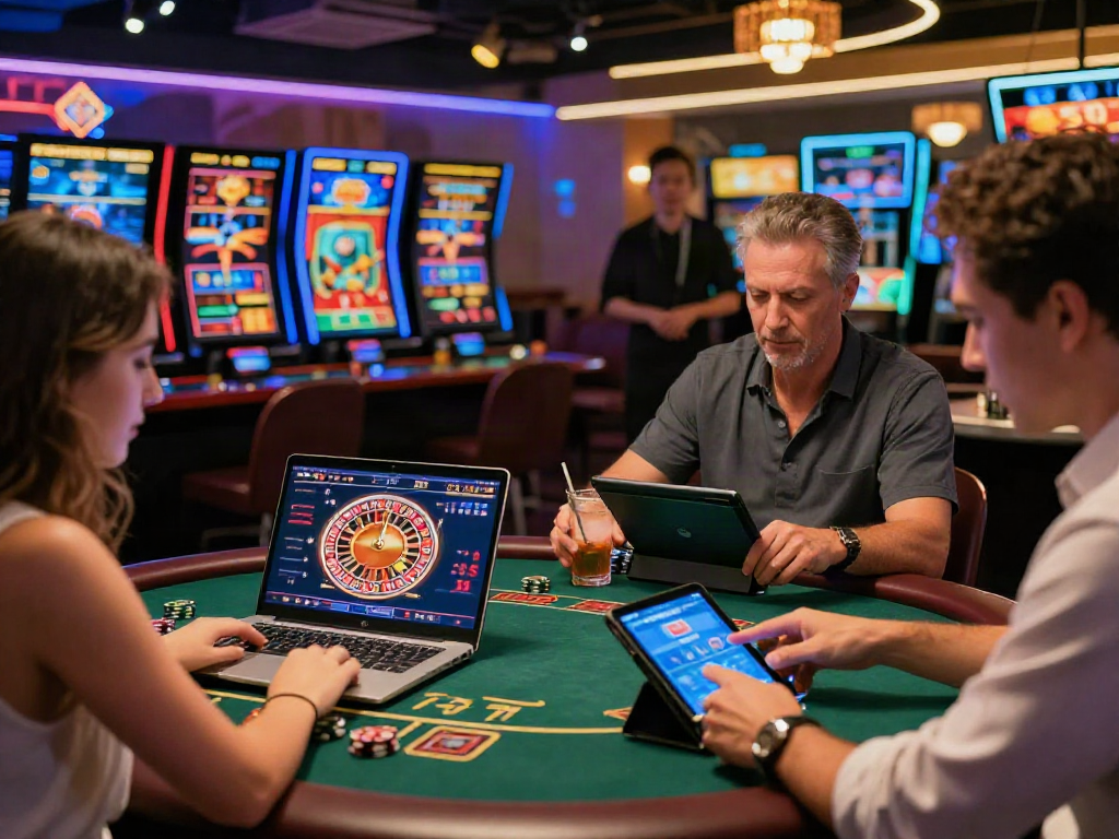 Online gambling enthusiasts engaging on various devices at https://rokok88.net, showcasing vibrant casino atmosphere.