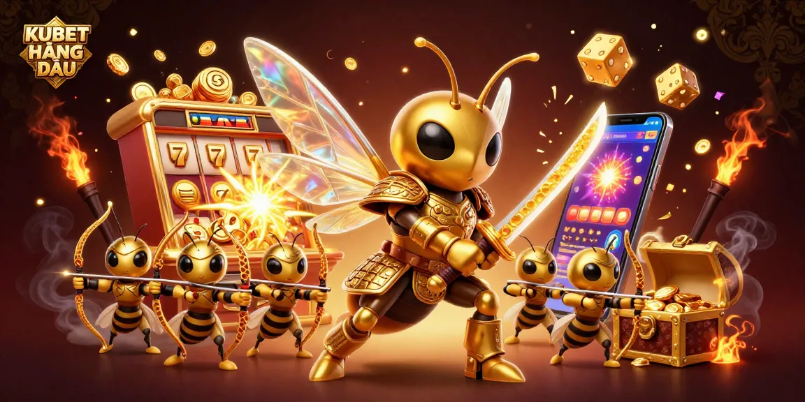 KUBET HÀNG ĐẦU showcases thrilling casino entertainment with a golden hornet and slot machines.