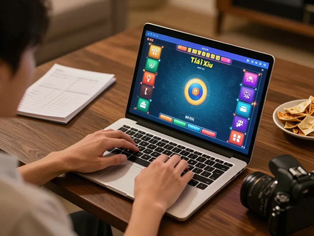 Tài xỉu online uy tín session with a player betting in a cozy home setting, highlighting engaging gameplay and strategic planning.