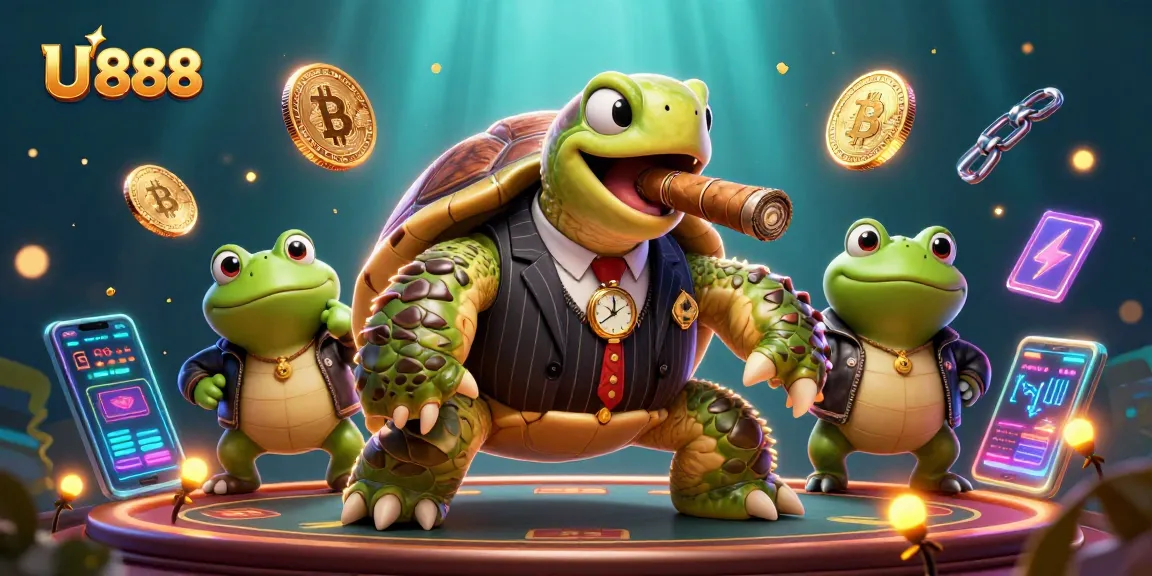 Engage with U 888's dynamic casino scene featuring cartoon turtle and bullfrogs with crypto elements.