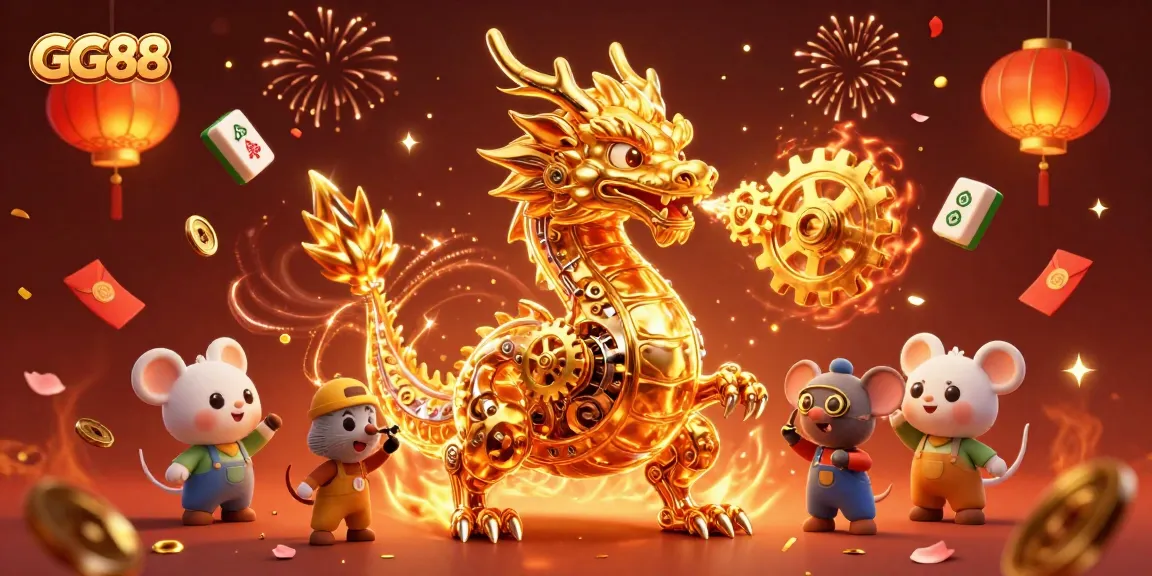Experience thrilling gaming at GG88 with a golden dragon and game elements in a vibrant scene.