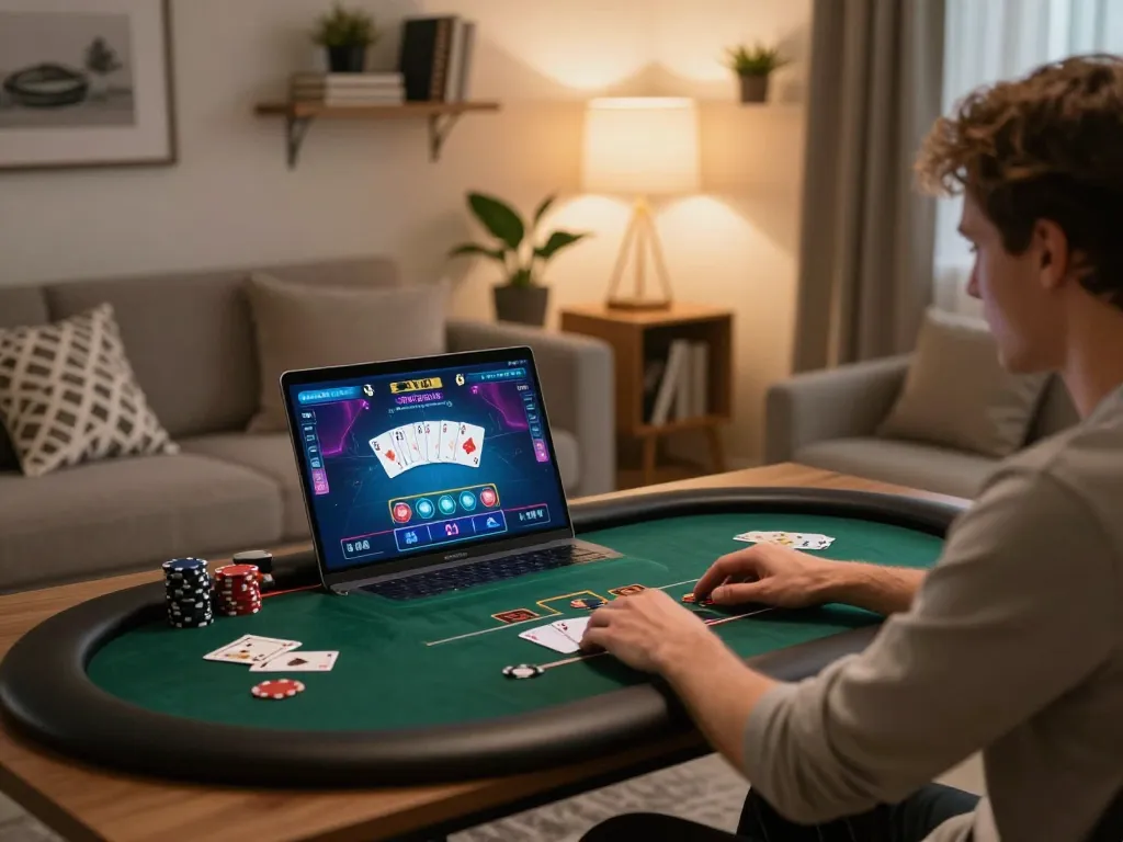 Engaging online gambling experience with a laptop showing 88aa com poker game in a modern living room