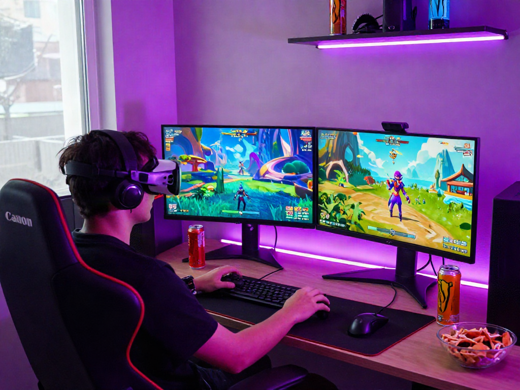 Engaging scene showcasing the immersive world of porn games with a gamer in VR headset, colorful visuals, and energetic atmosphere.