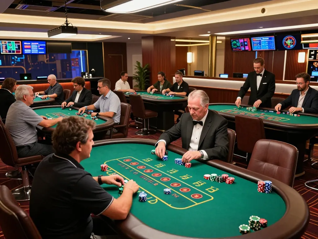 Players engage at nhà cái dn88 blackjack tables, showcasing dramatic gameplay and vibrant atmosphere.