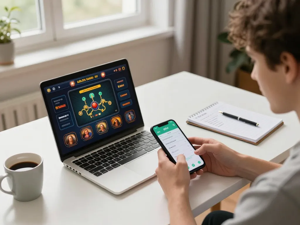 Player using okfun app for online casino games in a cozy home setting with strategy notes.